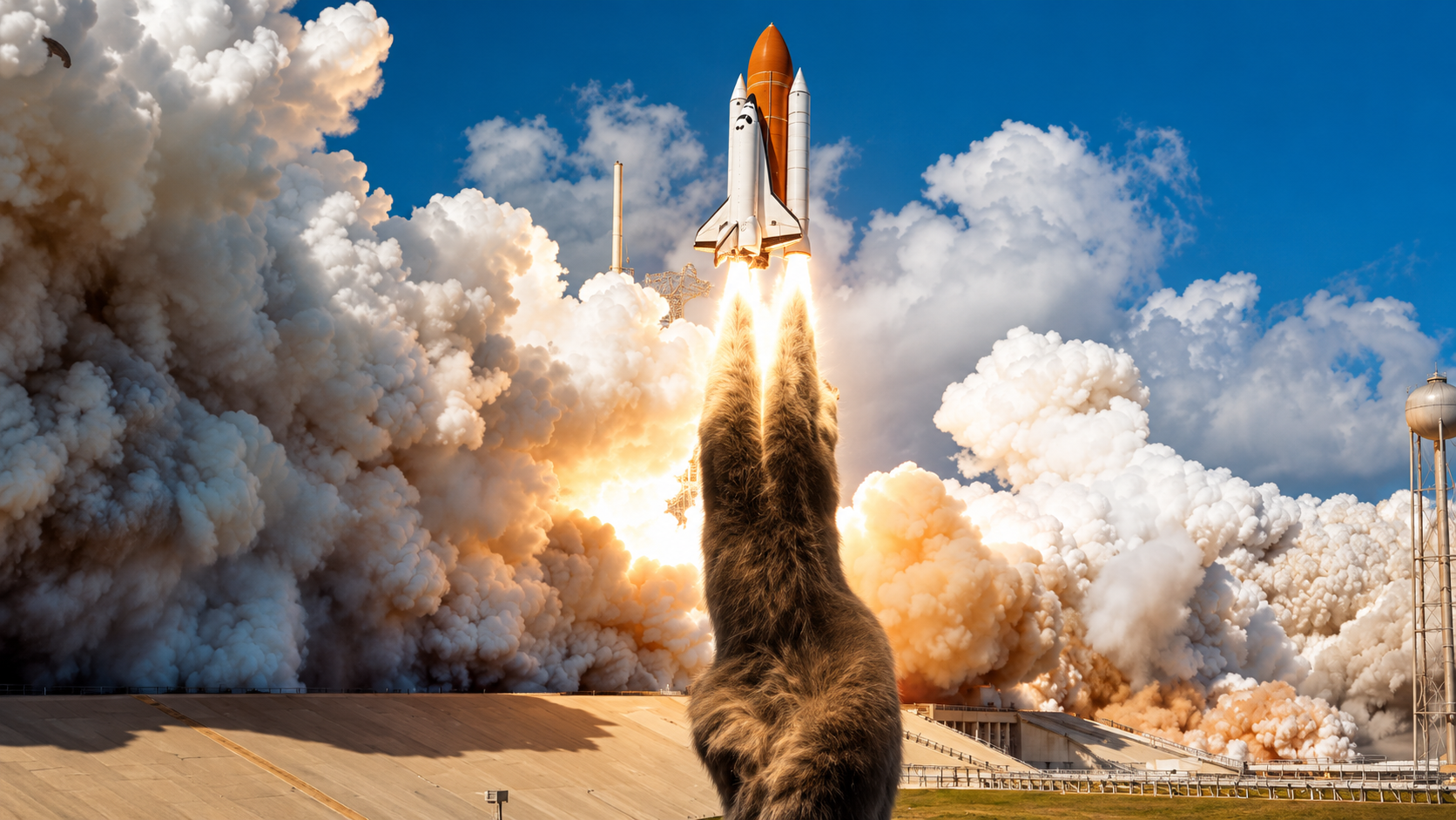 A curious tabby cat, seen from behind, watching a space shuttle rise into a bright blue sky above enormous clouds of smoke.
